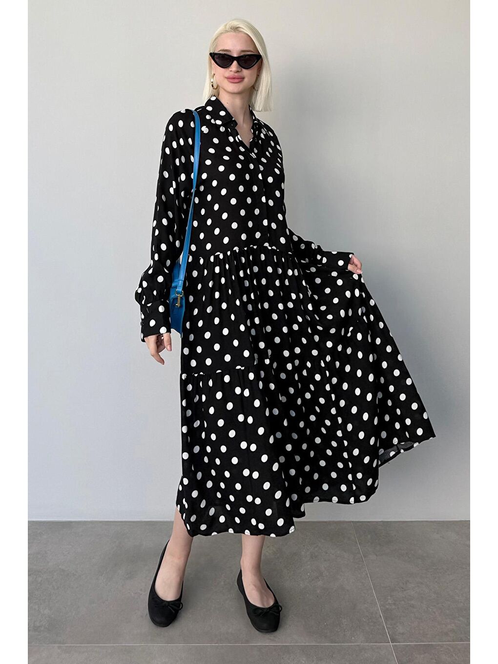 Siyah Uzun Kollu Düğmeli Desenli Elbise Mg2430-2