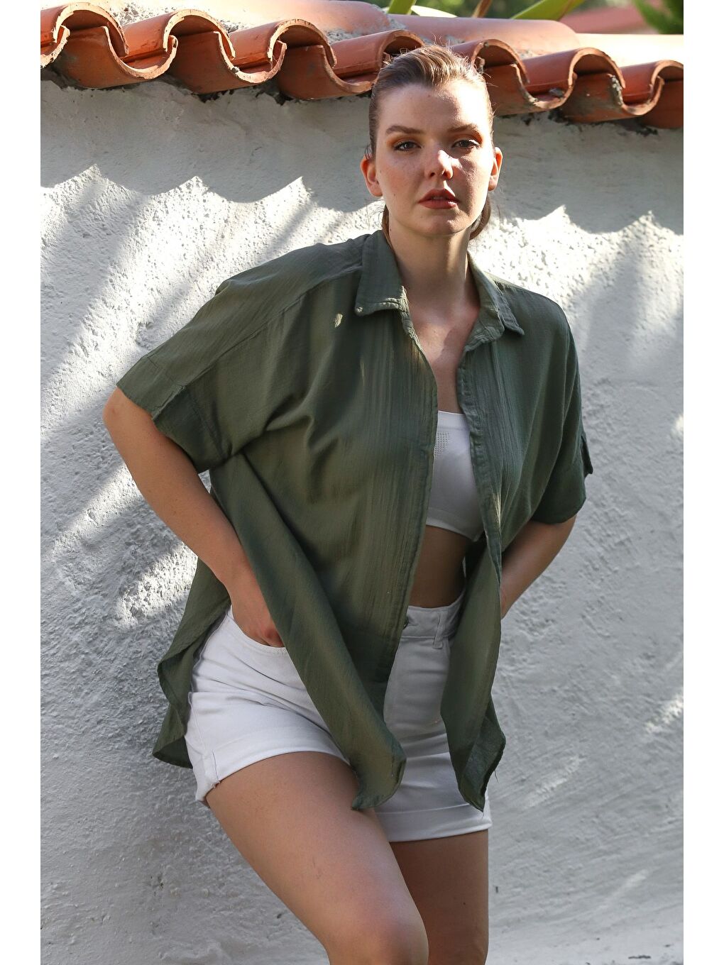 Haki Gömlek Yaka Kısa Kol Kapamasız Yıkamalı Casual Dokuma Gömlek 62 67-2