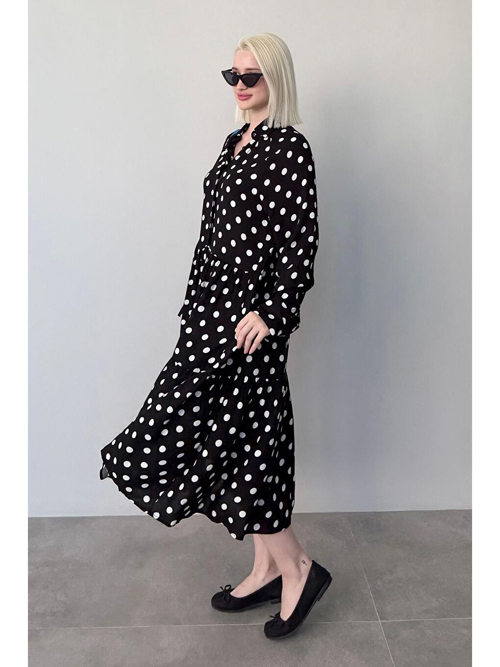 Siyah Uzun Kollu Düğmeli Desenli Elbise Mg2430-3