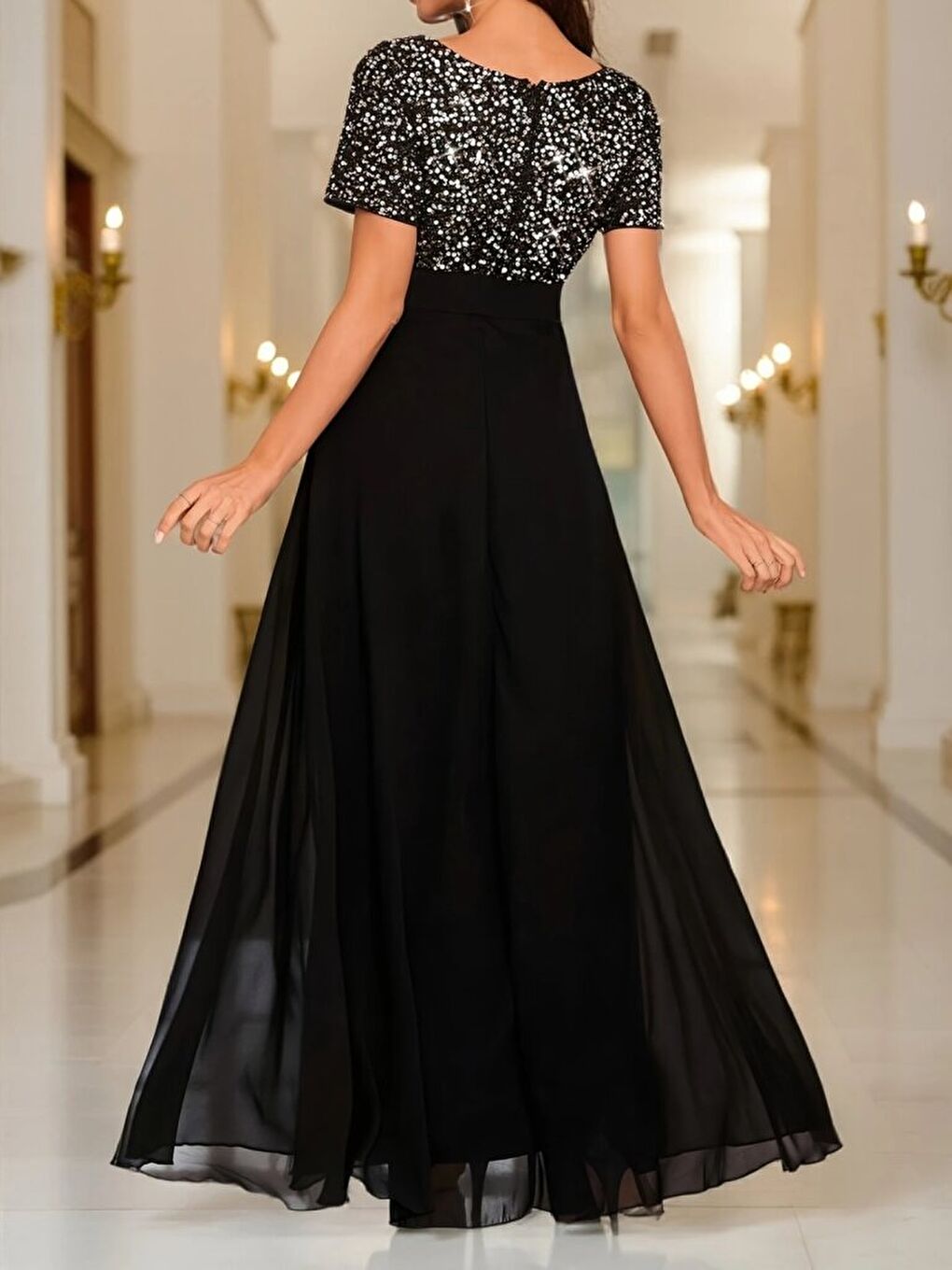 Siyah Kadın Kısa Kollu Derin V Yakalı A Kesim Pulpayet Detaylı şifon Nedime Elbisesi-4