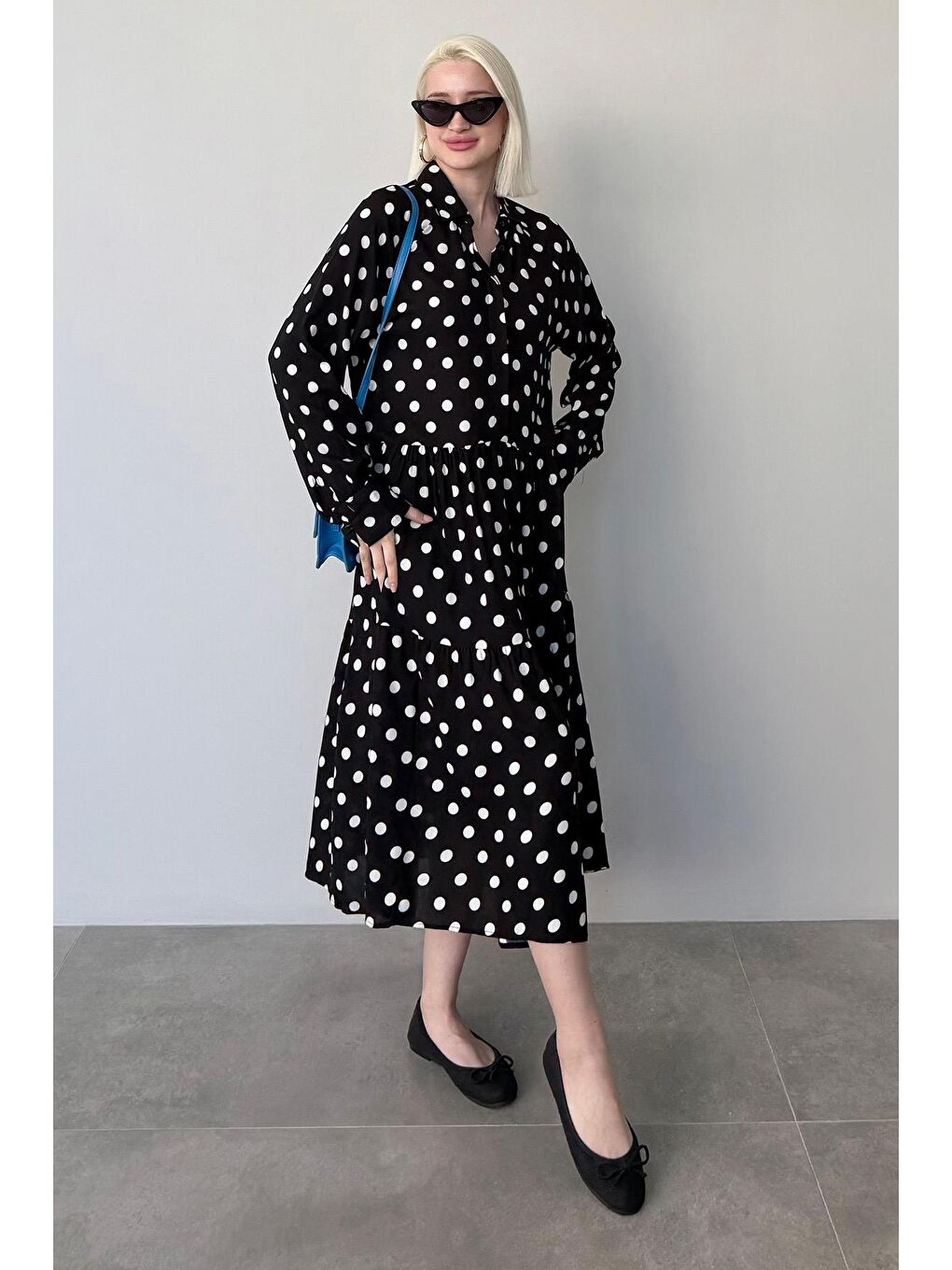 Siyah Uzun Kollu Düğmeli Desenli Elbise Mg2430-4