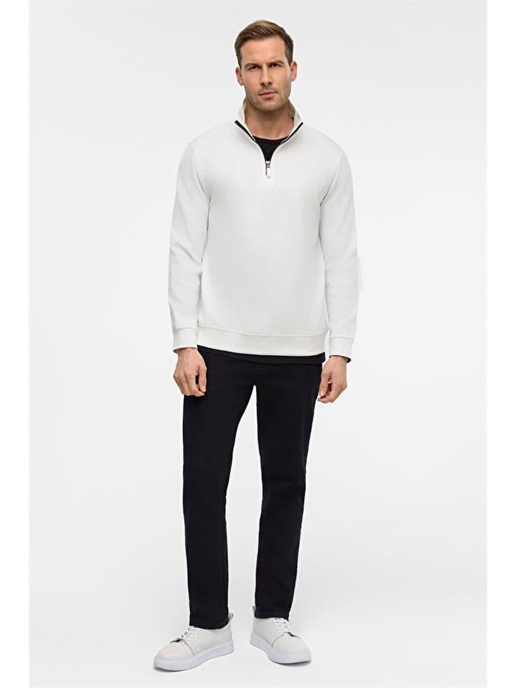 Beyaz Regular Düz Yarım Balıkçı Yaka Sweatshirt-6