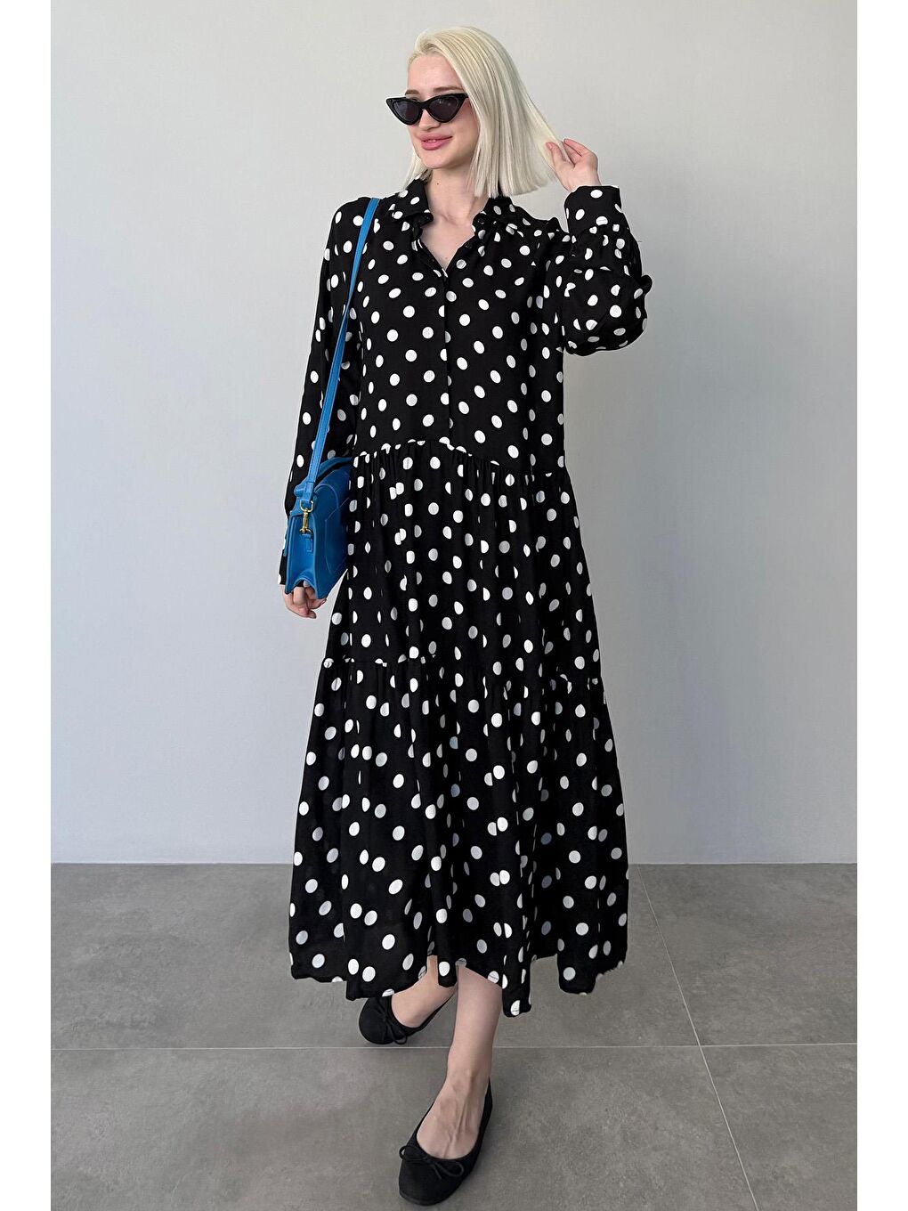 Siyah Uzun Kollu Düğmeli Desenli Elbise Mg2430-5