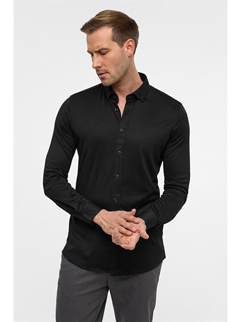 Siyah Slim Armürlü Düğmeli Yaka Gömlek-2