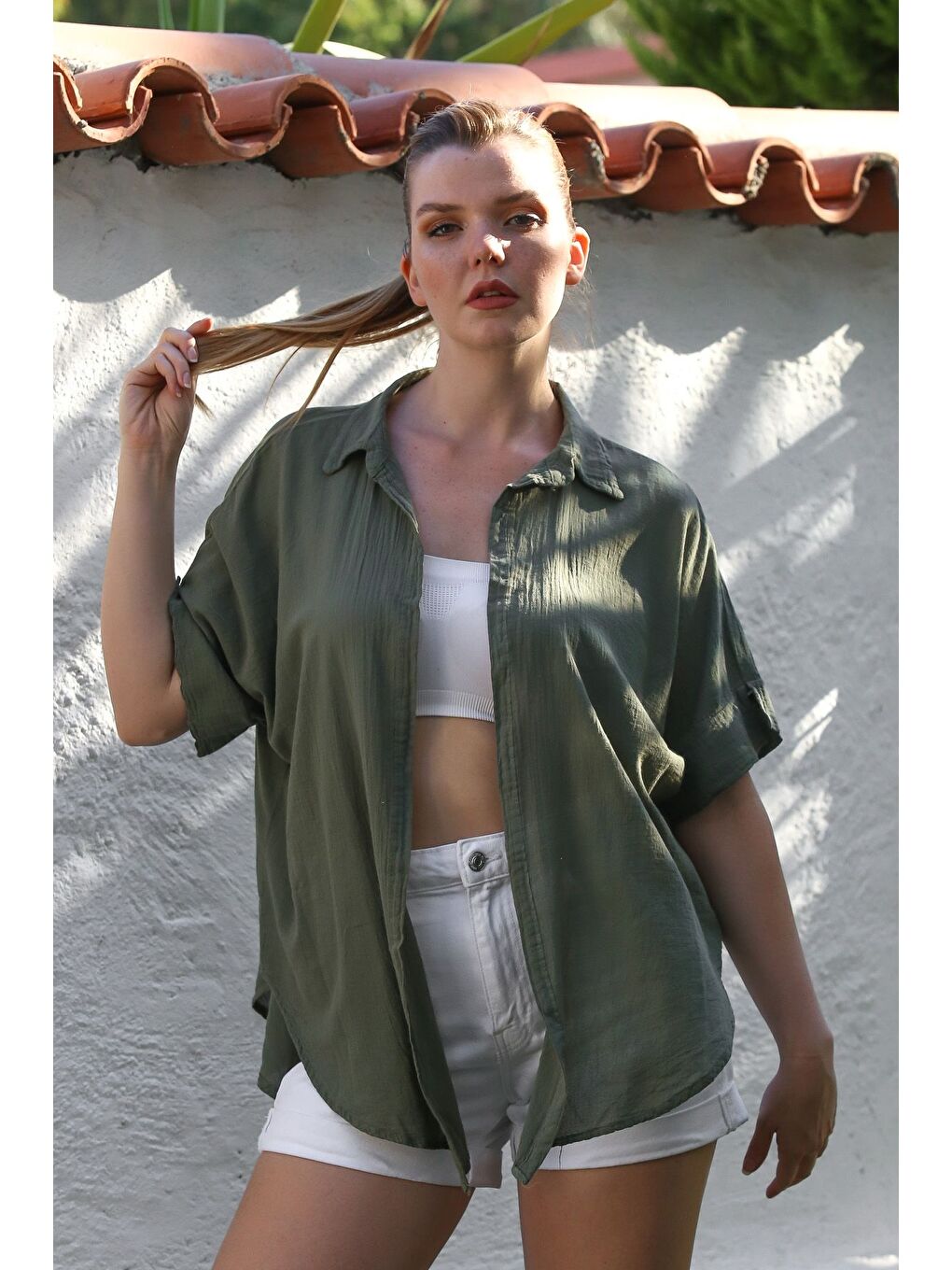 Haki Gömlek Yaka Kısa Kol Kapamasız Yıkamalı Casual Dokuma Gömlek 62 67-3