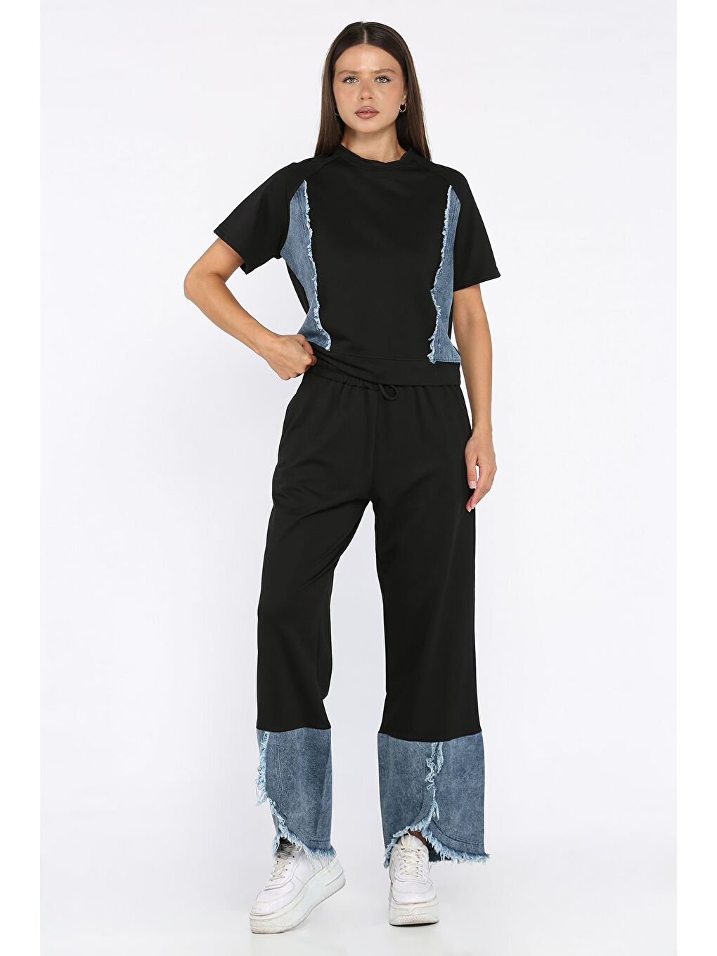 Siyah Kadın Jean Garnili Püsküllü Tişört Pantolon İkili Takım-1