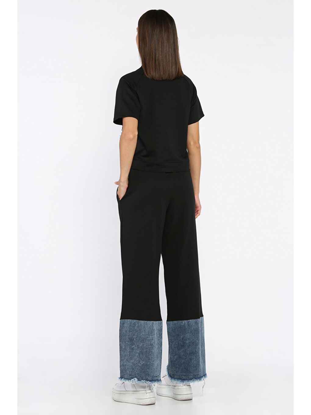 Siyah Kadın Jean Garnili Püsküllü Tişört Pantolon İkili Takım-2