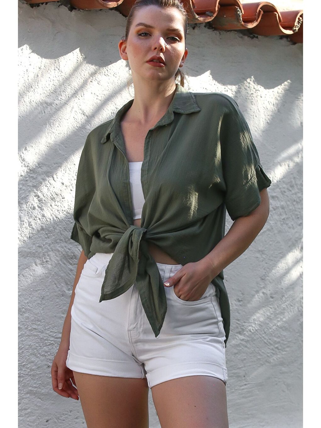 Haki Gömlek Yaka Kısa Kol Kapamasız Yıkamalı Casual Dokuma Gömlek 62 67-4