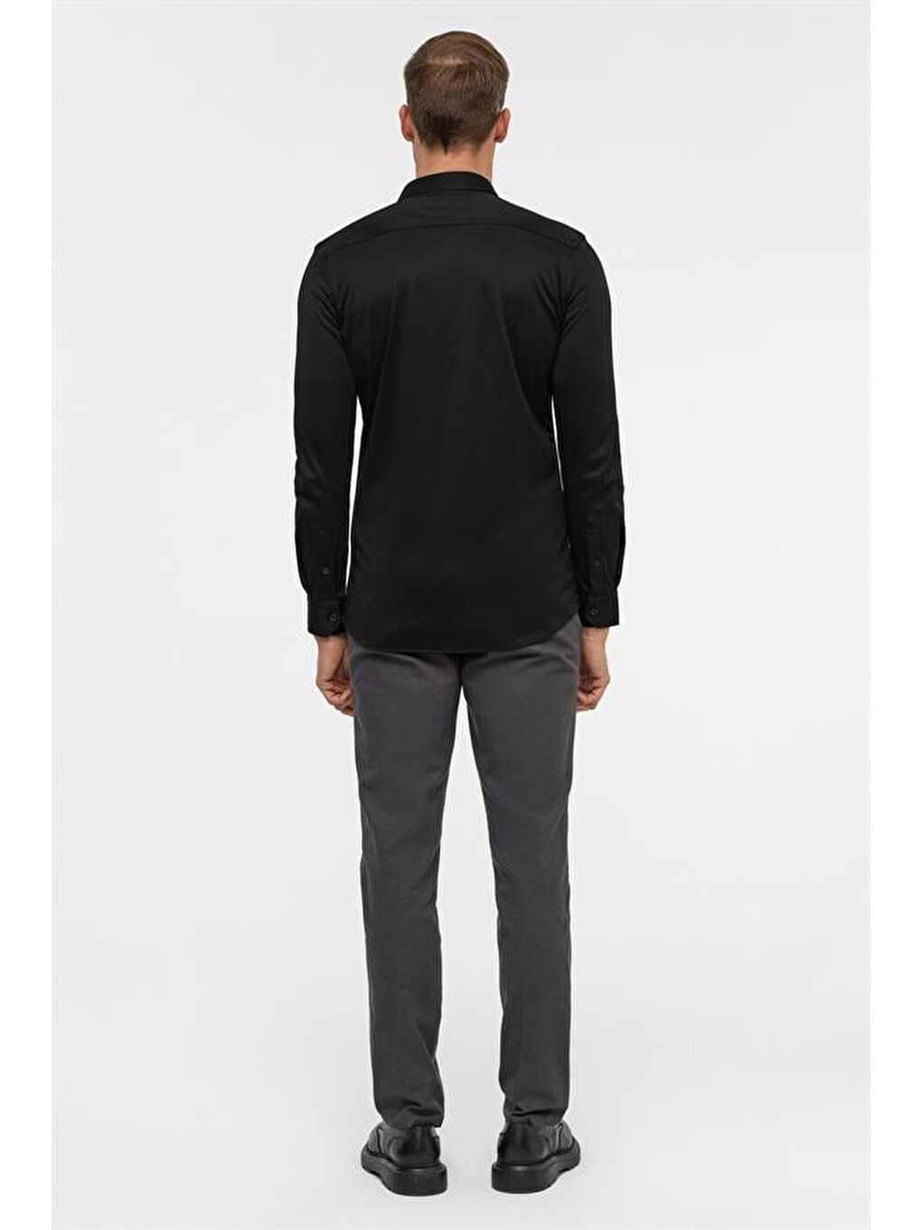 Siyah Slim Armürlü Düğmeli Yaka Gömlek-7