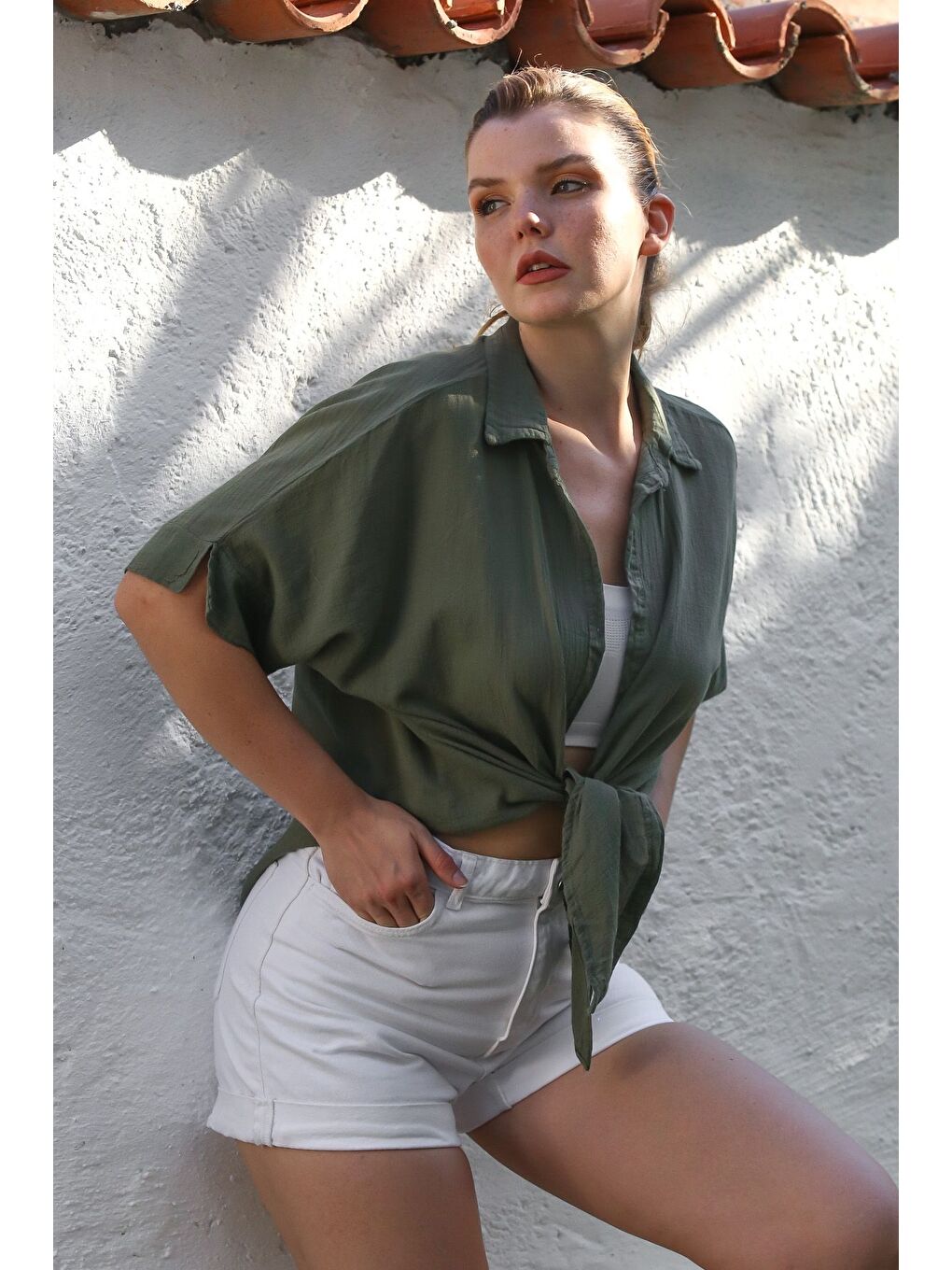 Haki Gömlek Yaka Kısa Kol Kapamasız Yıkamalı Casual Dokuma Gömlek 62 67-5