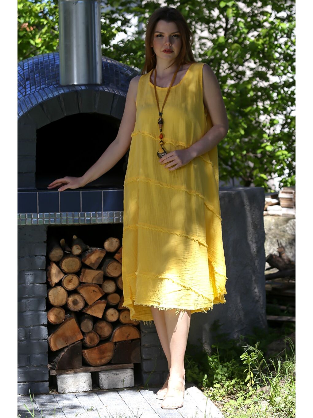 Sarı Havuz Yaka Kolsuz Pis Dikişli Casual Müslin Dokuma Elbise 120 63