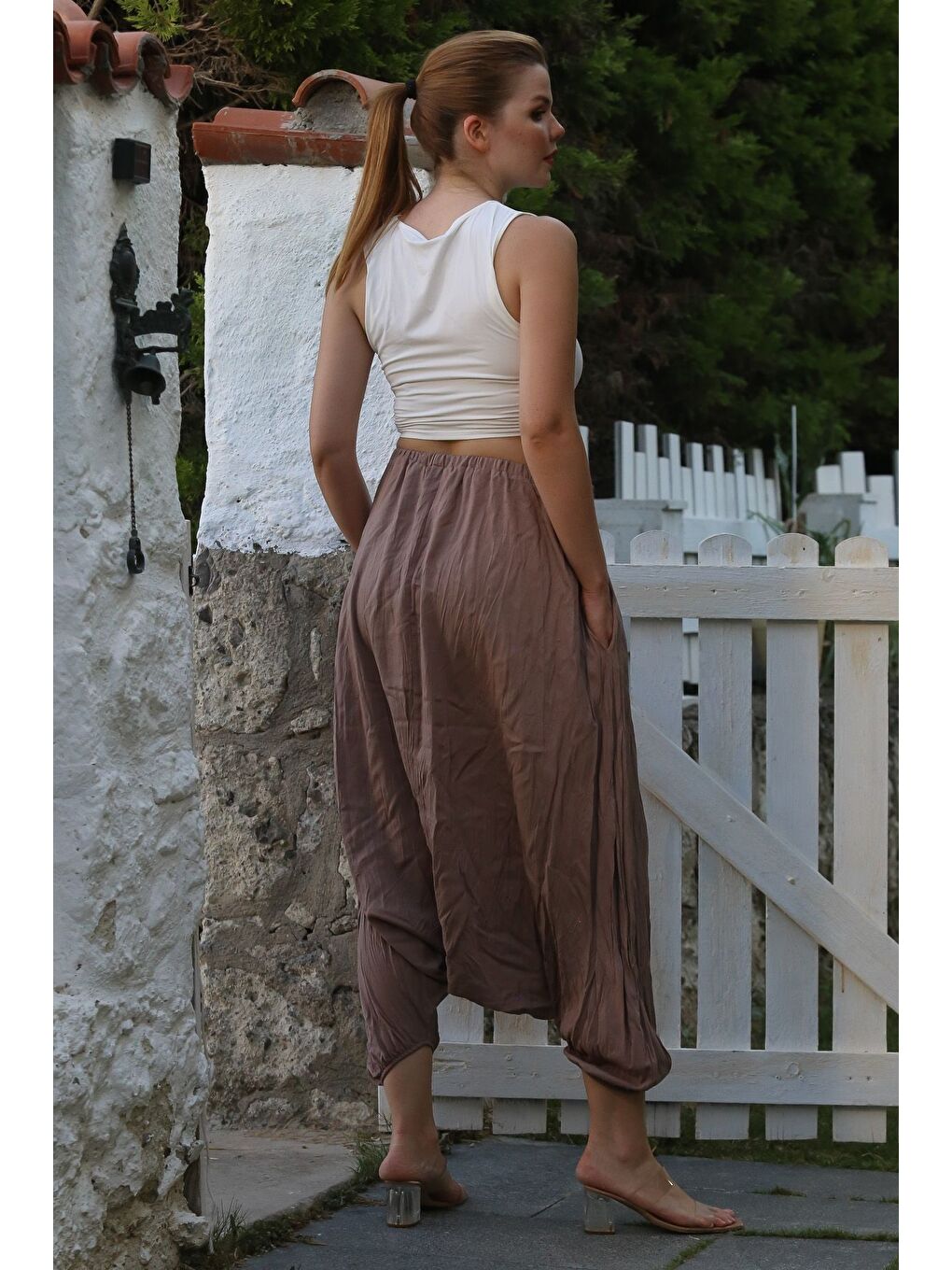 Bej Vizon Yıkamalı Lastikli Bel Şalvar Paça Casual Krinkıl Dokuma Pantolon 95 80-1