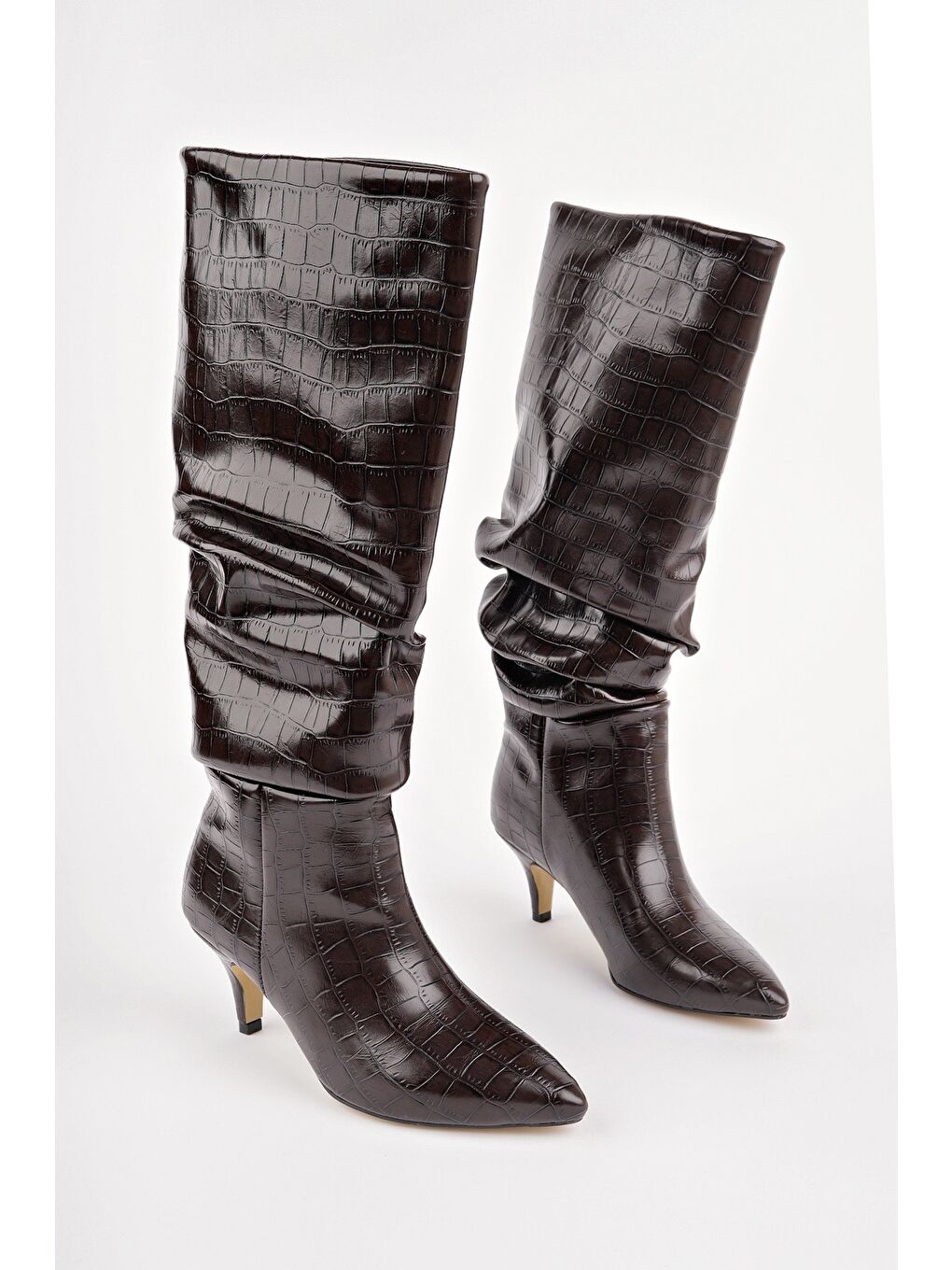 Kahverengi RUMBA Sivri Burun Kırışık Kroko Desenli İnce Topuklu Kadın Çizme-1