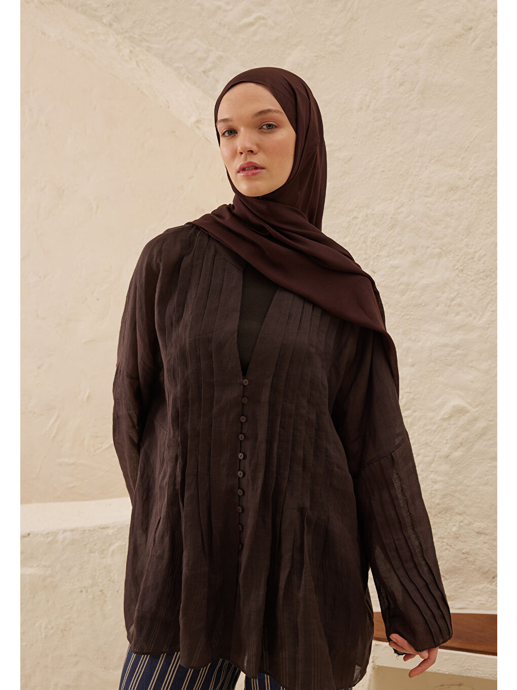 Kahverengi Rami Viskon Şal Bitter-2