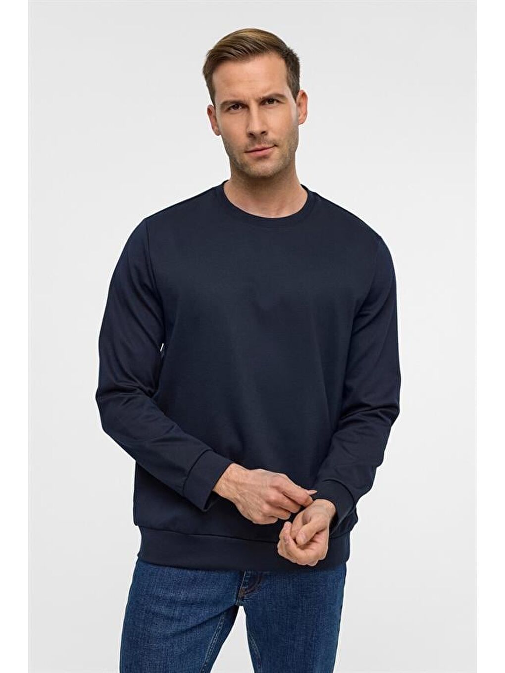 Lacivert Regular Düz Bisiklet Yaka Sweatshirt-1