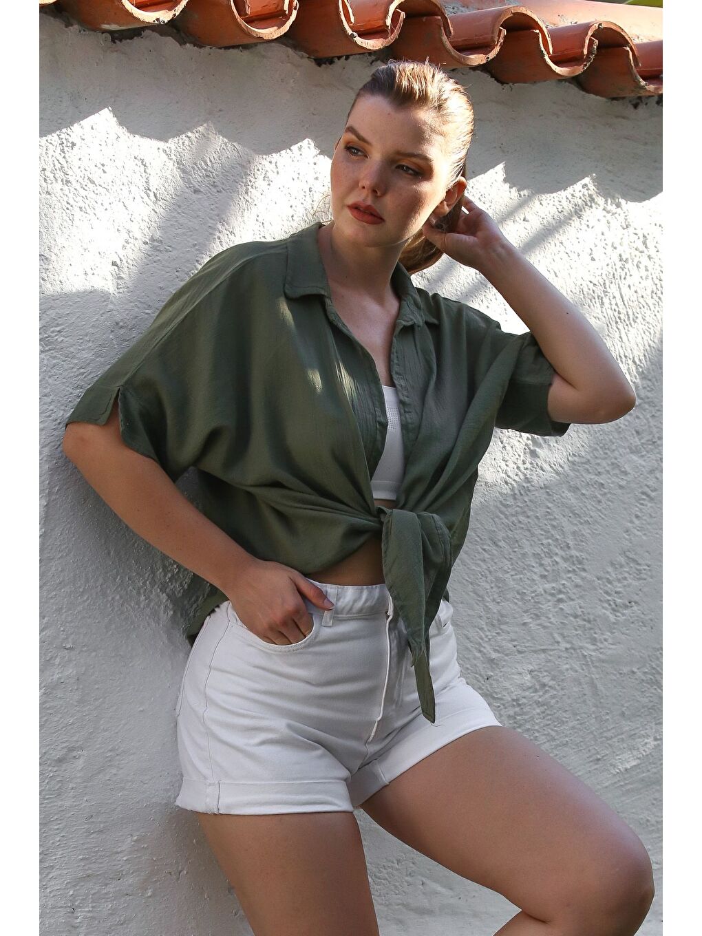 Haki Gömlek Yaka Kısa Kol Kapamasız Yıkamalı Casual Dokuma Gömlek 62 67-6