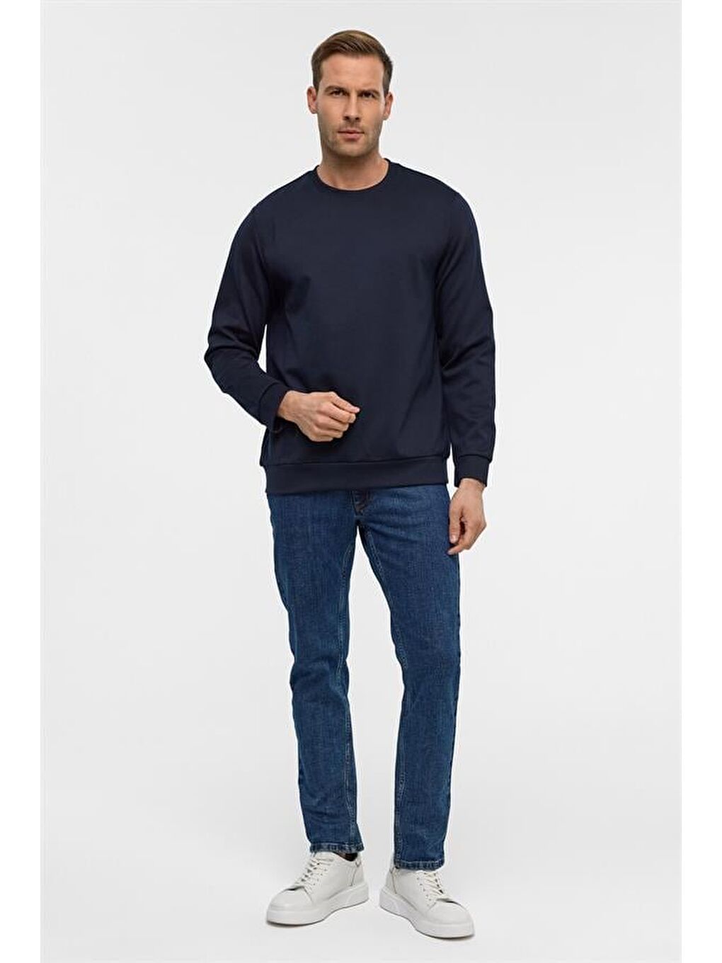 Lacivert Regular Düz Bisiklet Yaka Sweatshirt-4