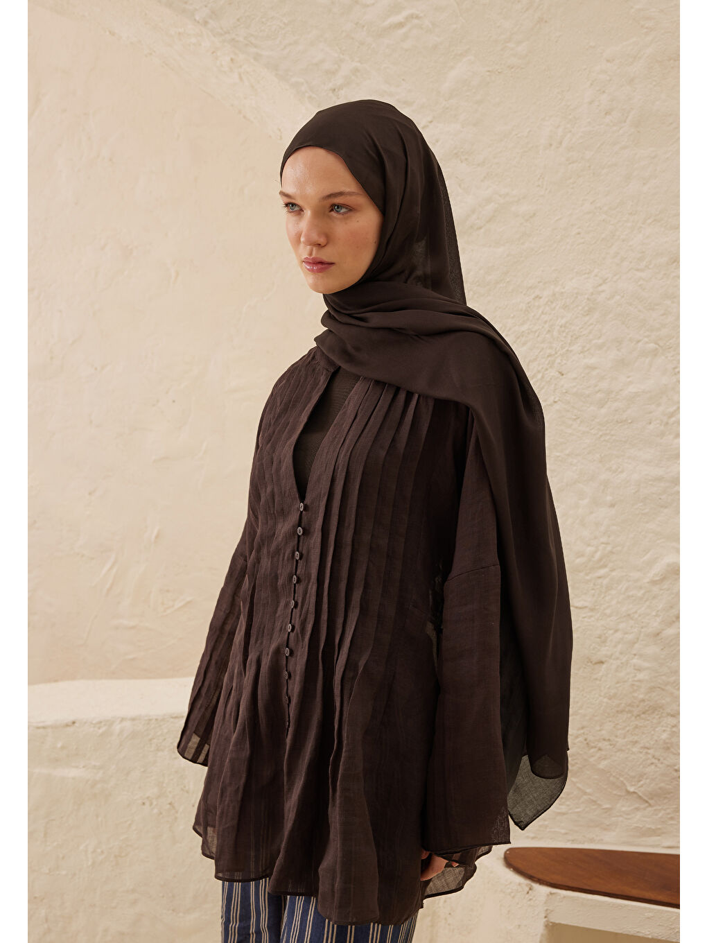 Kahverengi Rami Viskon Şal Bitter-3