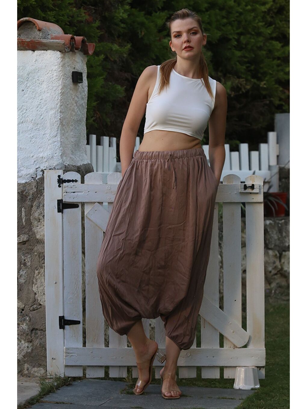 Bej Vizon Yıkamalı Lastikli Bel Şalvar Paça Casual Krinkıl Dokuma Pantolon 95 80-2