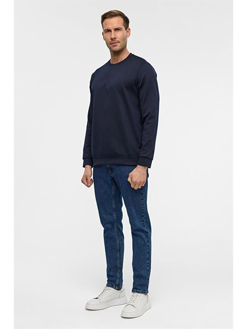 Lacivert Regular Düz Bisiklet Yaka Sweatshirt-5