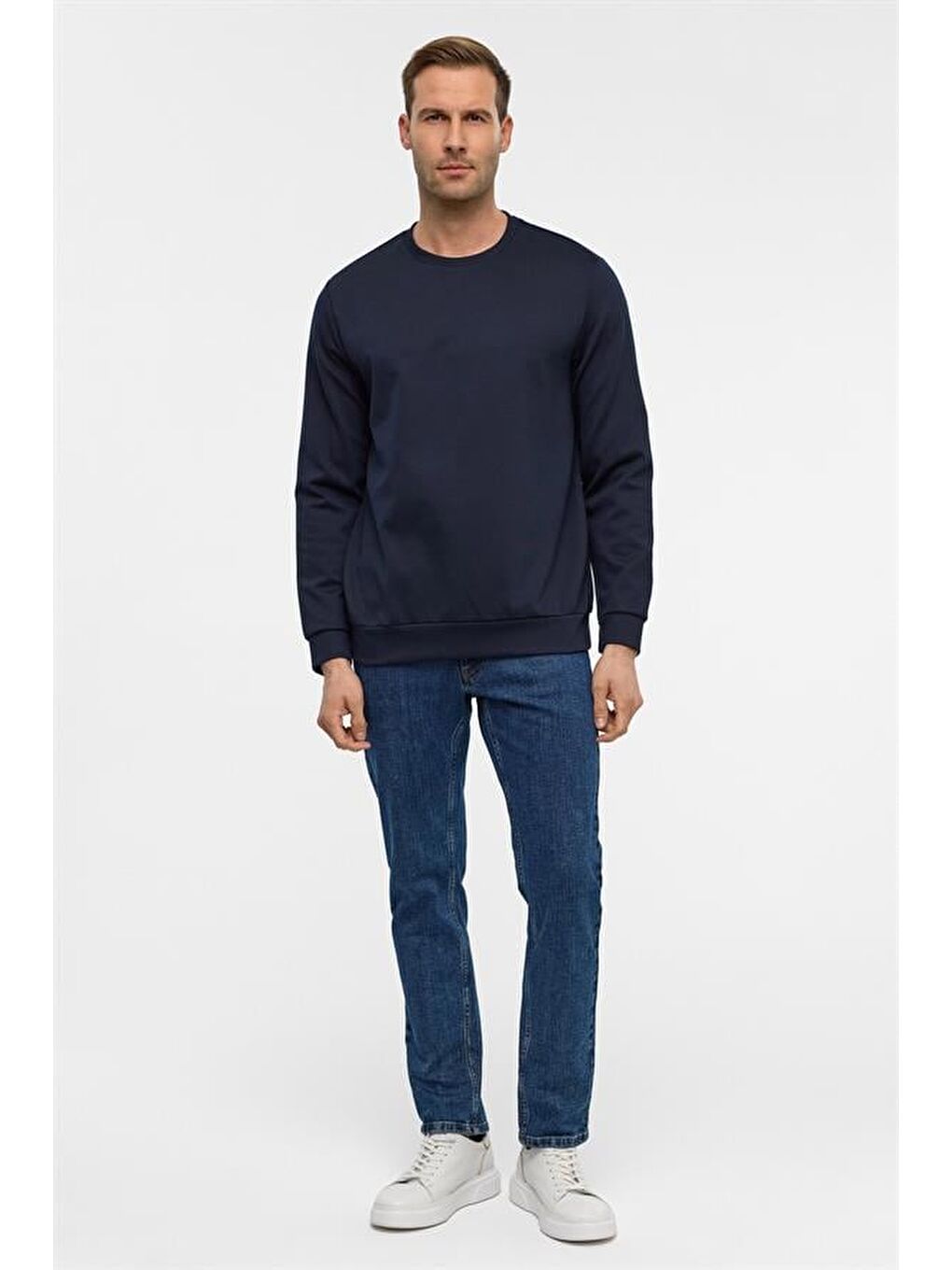 Lacivert Regular Düz Bisiklet Yaka Sweatshirt-6