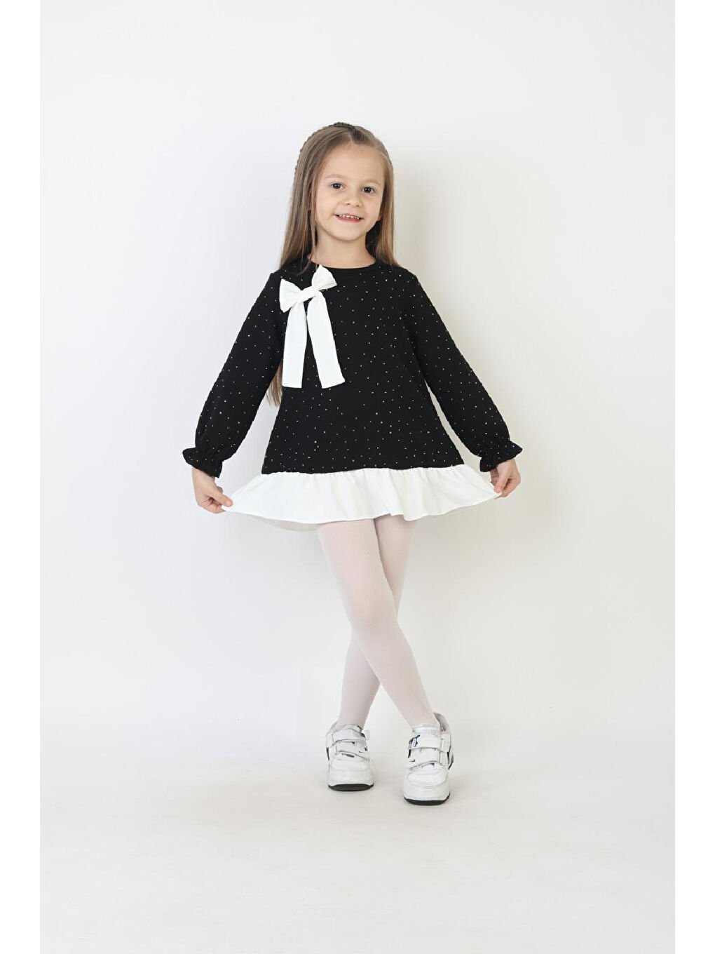 Siyah Kız Çocuk Tunik Tarz Elbise Taş Süslemeli ve Fiyonklu 4-9 Yaş 12510