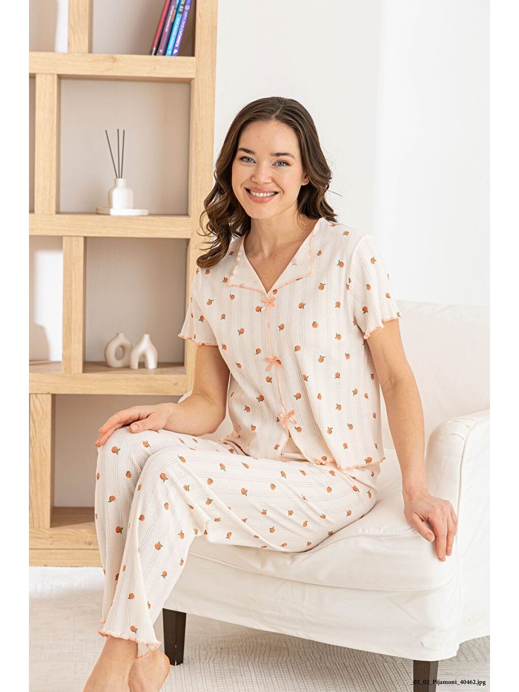 Beyaz Kadın %100 Pamuk Kurdele/Fiyonklu Kısa Kollu Fitilli Kaliteli Örme Pijama Takımı