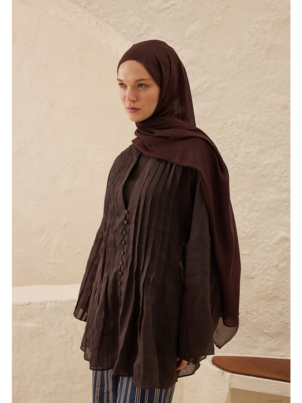 Kahverengi Rami Viskon Şal Bitter-4