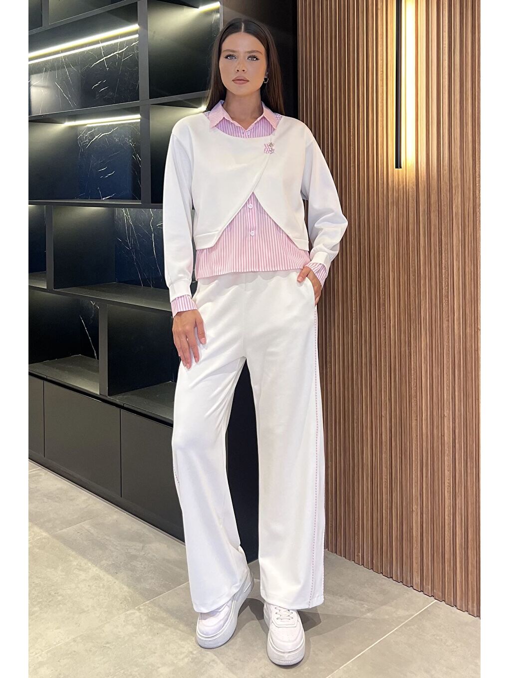 Ekru Kadın Gömlek Garnili Bluz Palazzo Pantolon İkili Takım