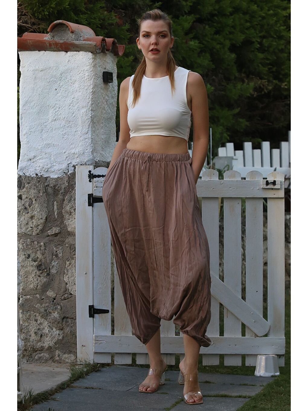 Bej Vizon Yıkamalı Lastikli Bel Şalvar Paça Casual Krinkıl Dokuma Pantolon 95 80-3