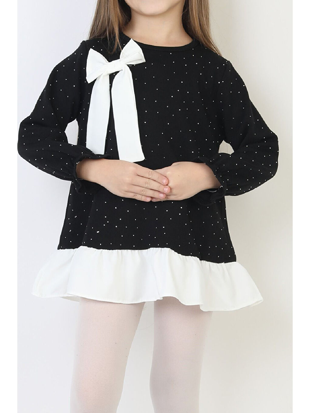 Siyah Kız Çocuk Tunik Tarz Elbise Taş Süslemeli ve Fiyonklu 4-9 Yaş 12510-1