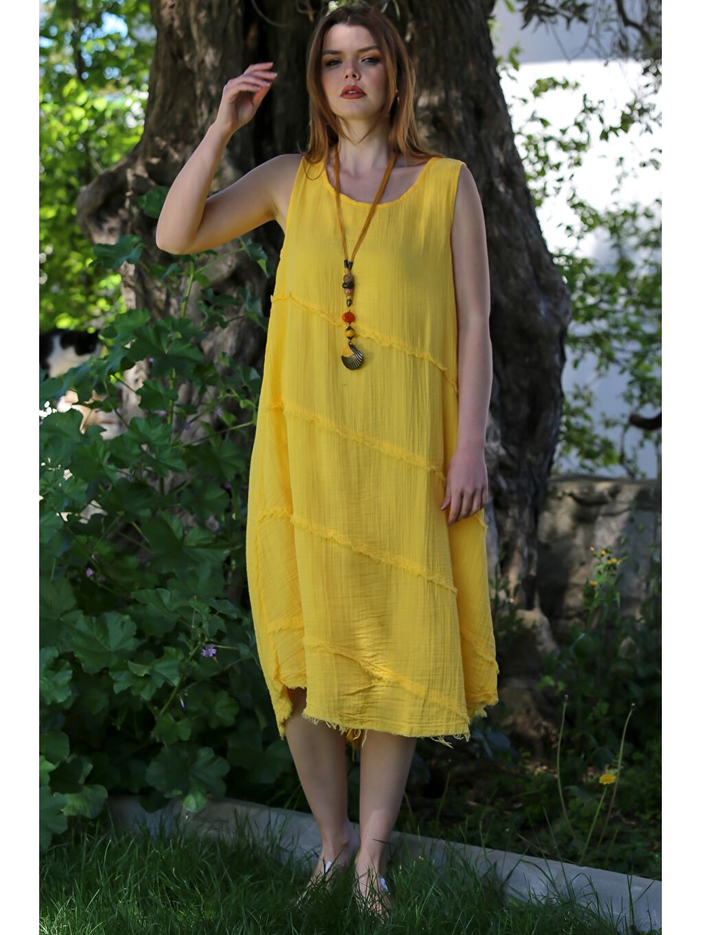 Sarı Havuz Yaka Kolsuz Pis Dikişli Casual Müslin Dokuma Elbise 120 63-1