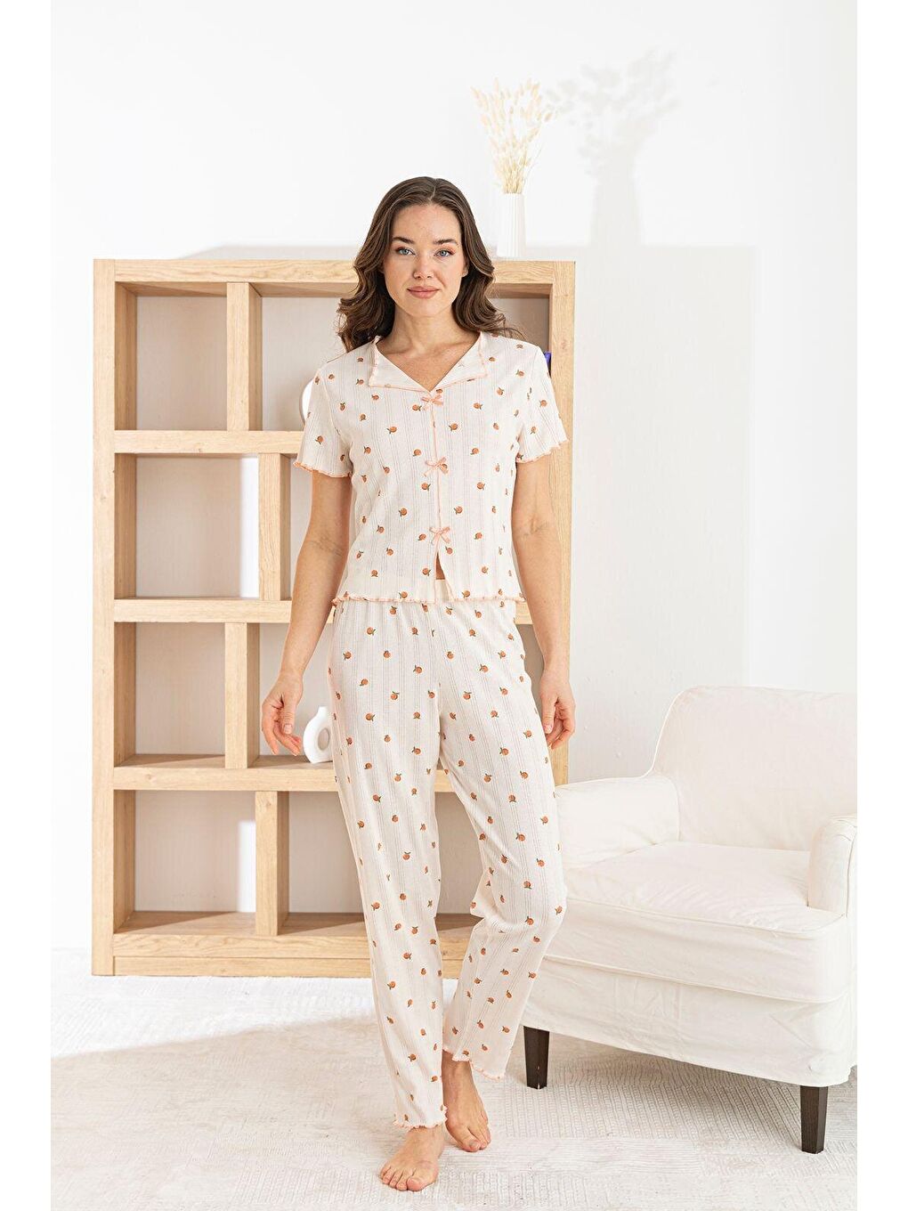 Beyaz Kadın %100 Pamuk Kurdele/Fiyonklu Kısa Kollu Fitilli Kaliteli Örme Pijama Takımı-1