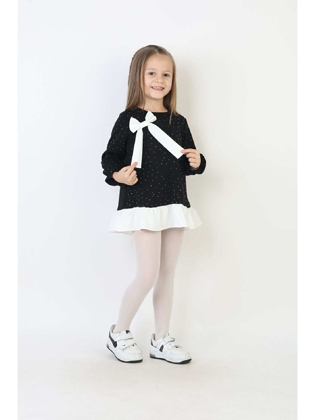 Siyah Kız Çocuk Tunik Tarz Elbise Taş Süslemeli ve Fiyonklu 4-9 Yaş 12510-3