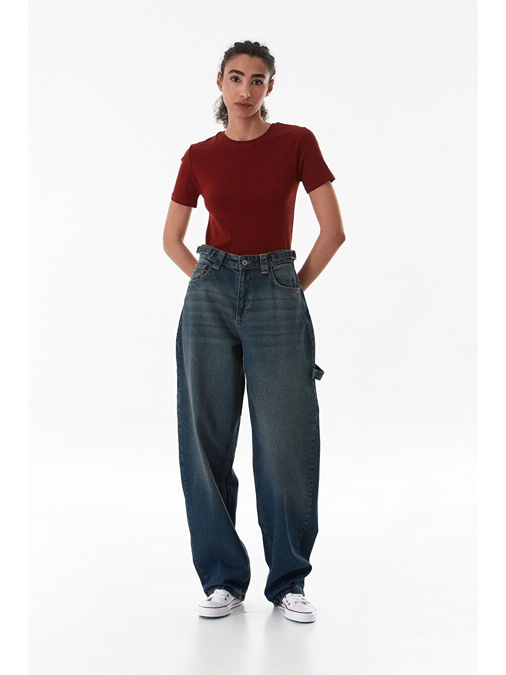 Mavi Yüksek Bel Tokalı Baggy Jean