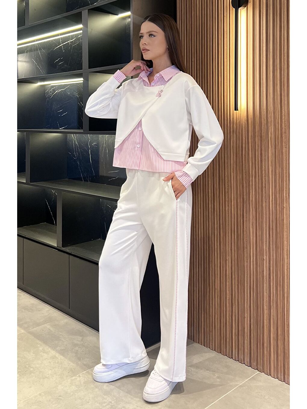 Ekru Kadın Gömlek Garnili Bluz Palazzo Pantolon İkili Takım-1