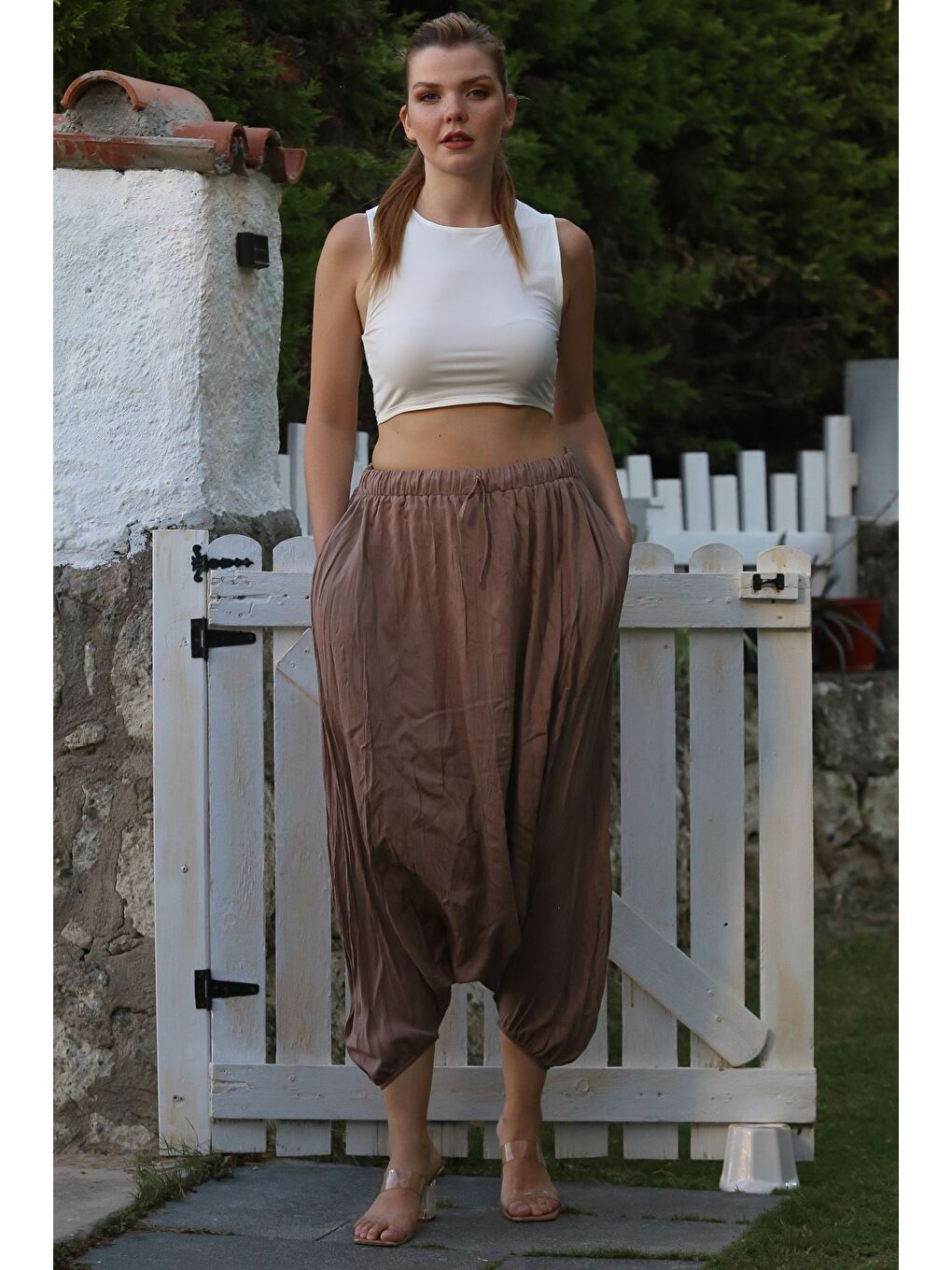 Bej Vizon Yıkamalı Lastikli Bel Şalvar Paça Casual Krinkıl Dokuma Pantolon 95 80-4