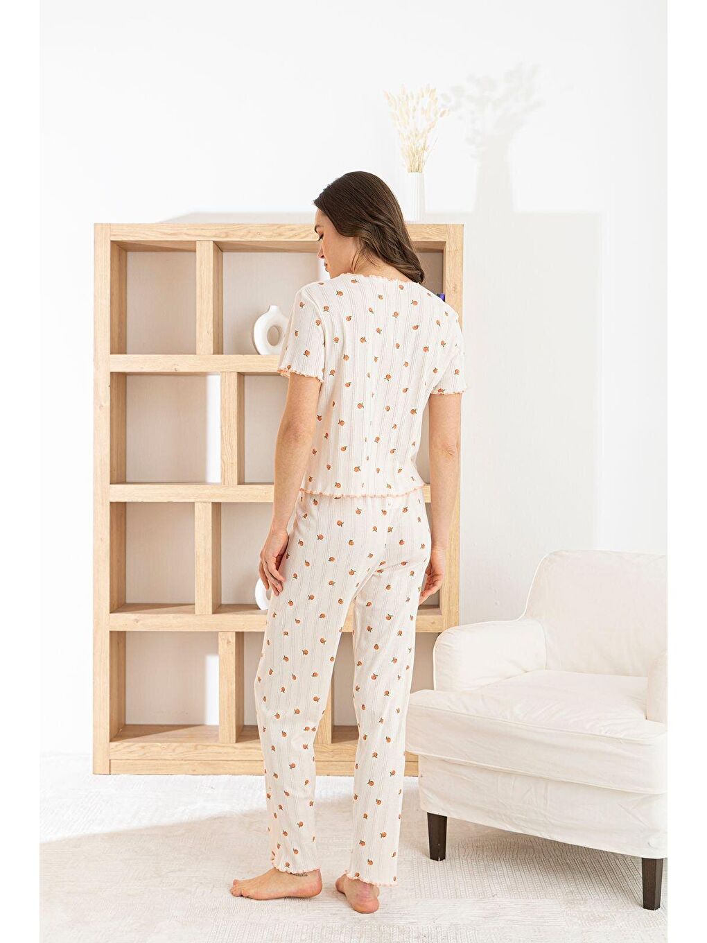 Beyaz Kadın %100 Pamuk Kurdele/Fiyonklu Kısa Kollu Fitilli Kaliteli Örme Pijama Takımı-2