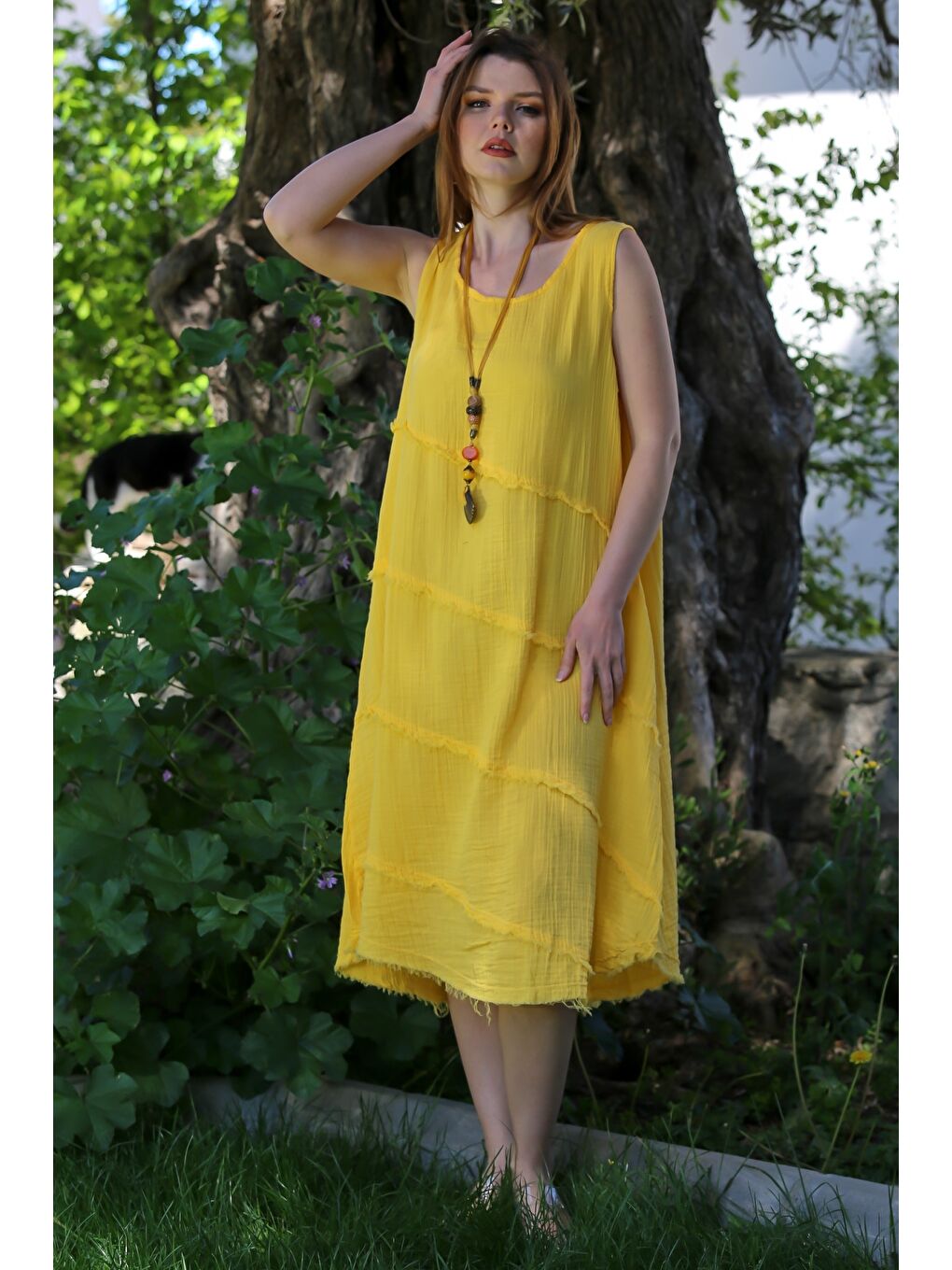 Sarı Havuz Yaka Kolsuz Pis Dikişli Casual Müslin Dokuma Elbise 120 63-2