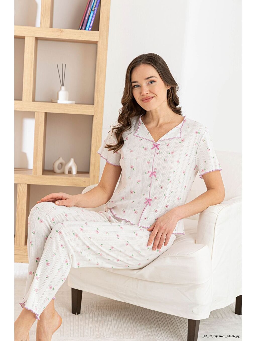 Pembe Kadın %100 Pamuk Kurdele/Fiyonklu Kısa Kollu Fitilli Kaliteli Örme Pijama Takımı