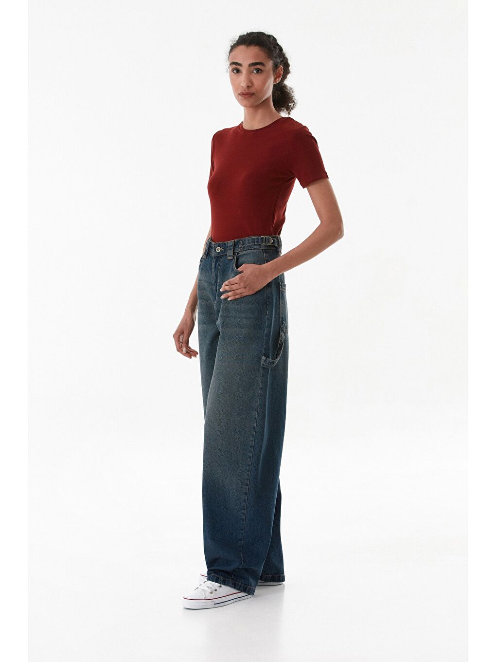 Mavi Yüksek Bel Tokalı Baggy Jean-2