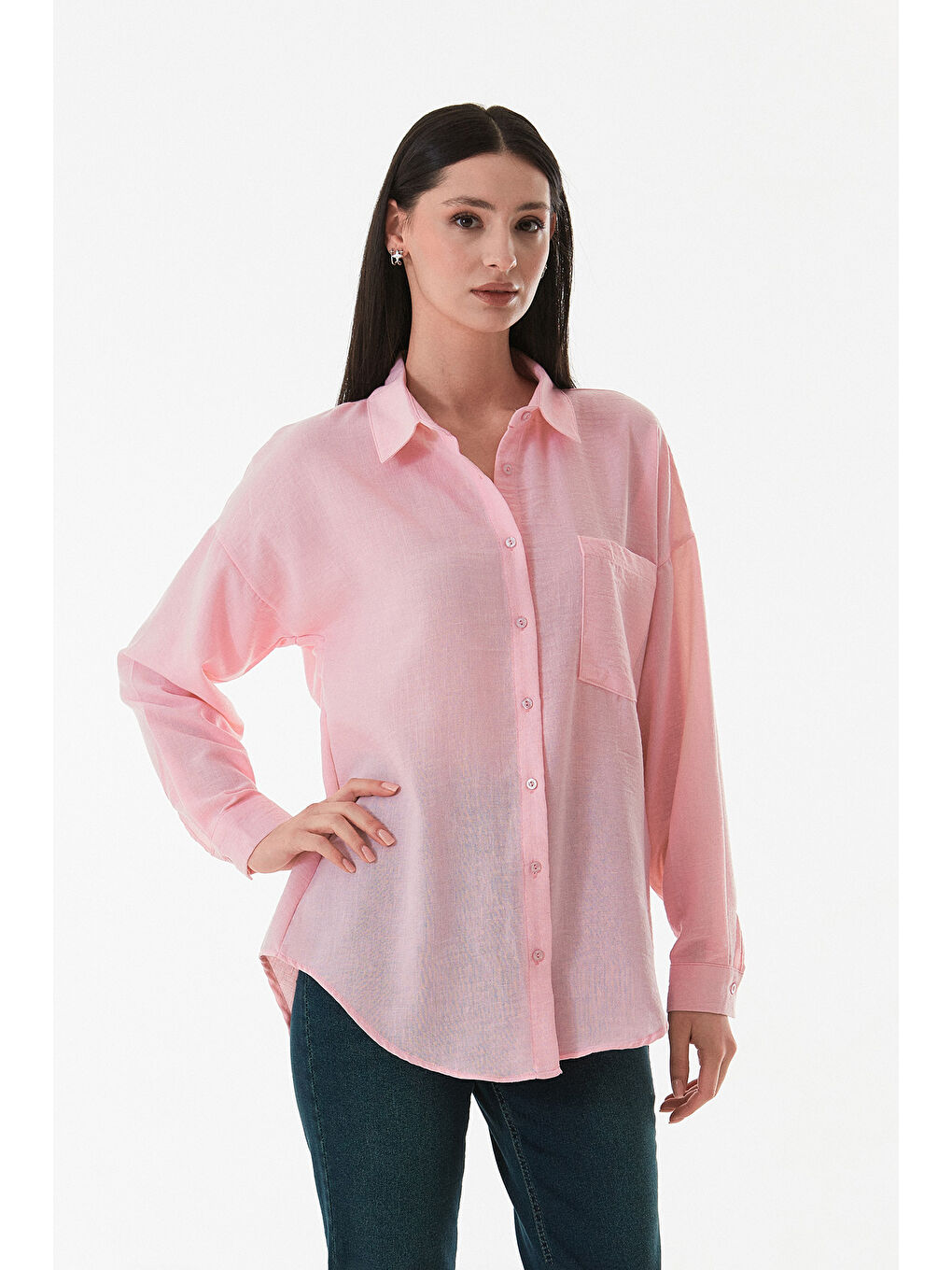 Pembe Basic Tek Cepli Oversize Gömlek-2