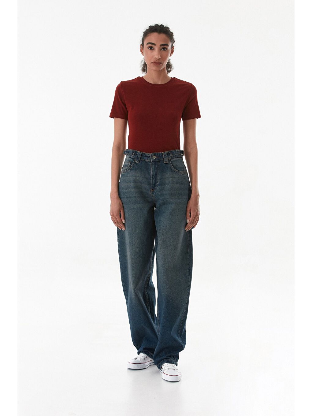 Mavi Yüksek Bel Tokalı Baggy Jean-4