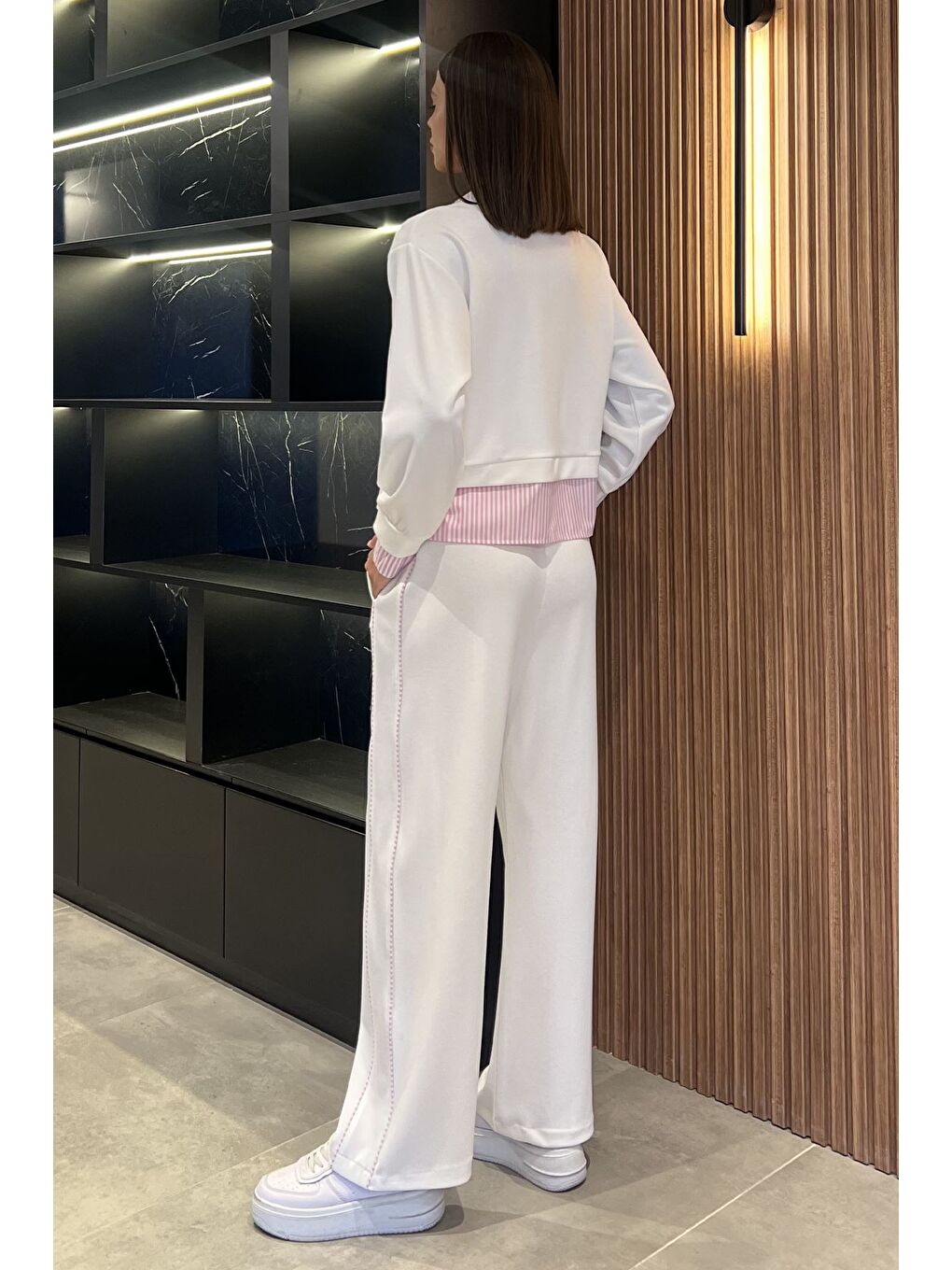 Ekru Kadın Gömlek Garnili Bluz Palazzo Pantolon İkili Takım-2