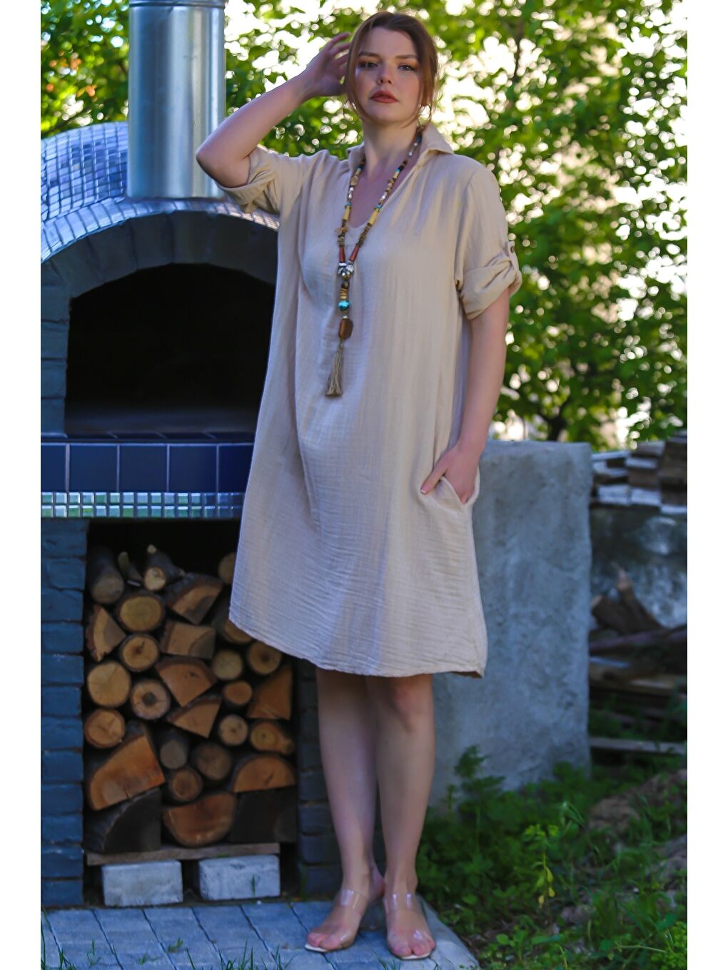 Koyu Bej Gömlek Yaka Düğmeli 3/4 Kol Cepli Casual Müslin Dokuma Elbise 105 65-1