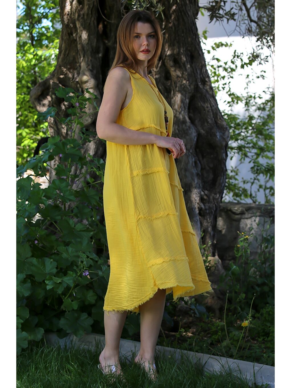 Sarı Havuz Yaka Kolsuz Pis Dikişli Casual Müslin Dokuma Elbise 120 63-3