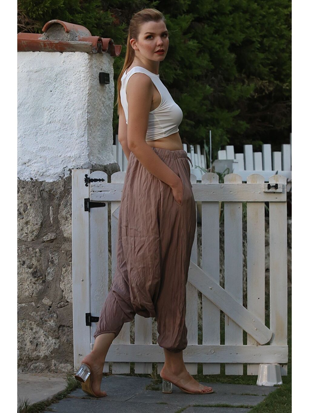 Bej Vizon Yıkamalı Lastikli Bel Şalvar Paça Casual Krinkıl Dokuma Pantolon 95 80-6