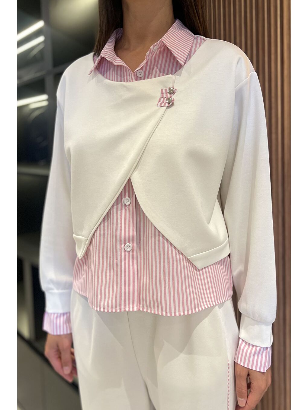 Ekru Kadın Gömlek Garnili Bluz Palazzo Pantolon İkili Takım-3