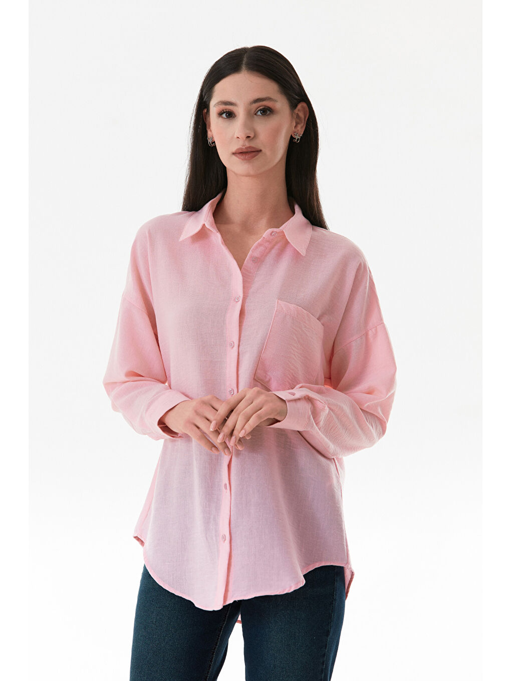 Pembe Basic Tek Cepli Oversize Gömlek-3