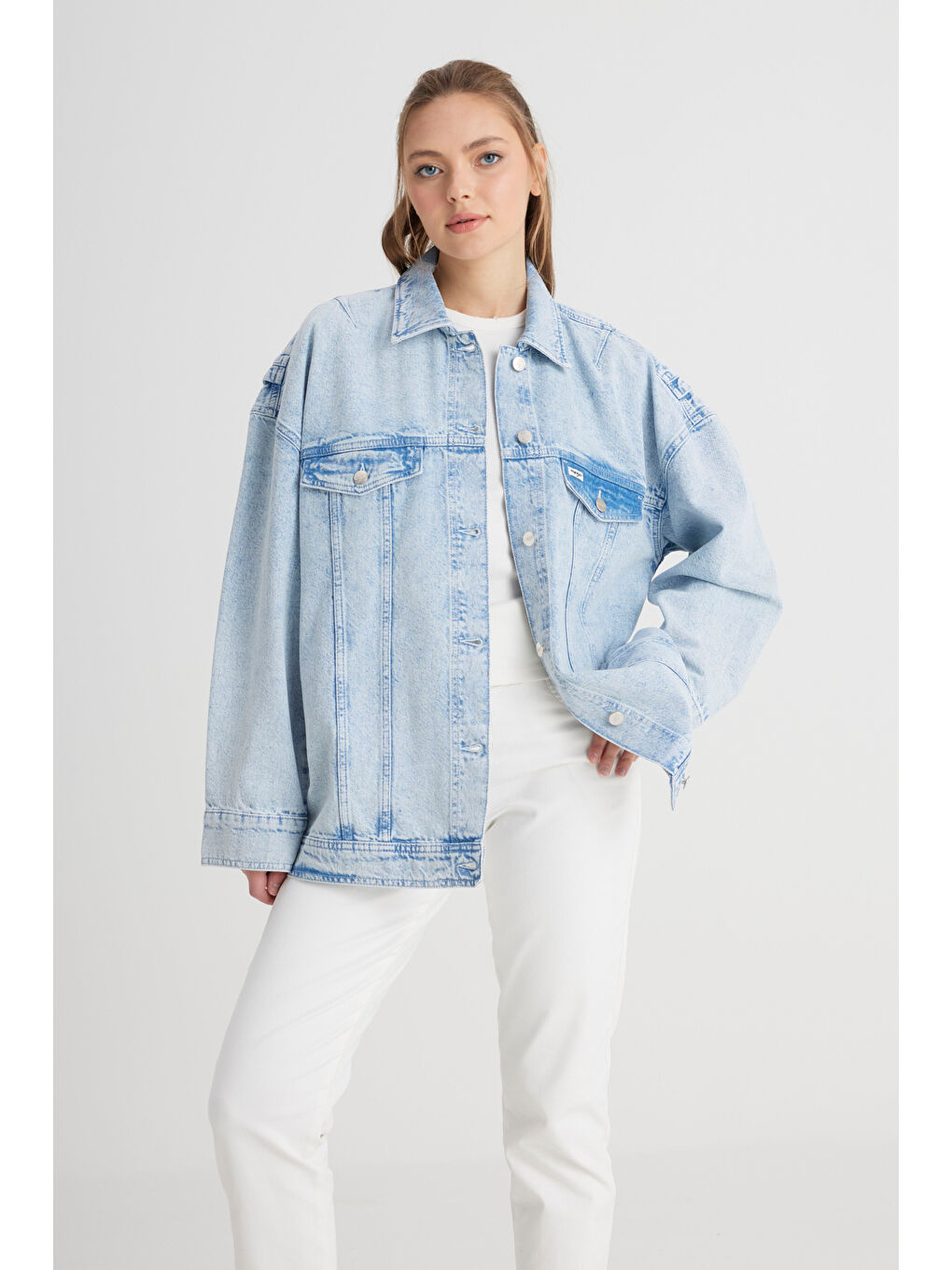 Relaxed Fit Geniş Kesim %100 Pamuk Açık Mavi Jean Jean Ceket